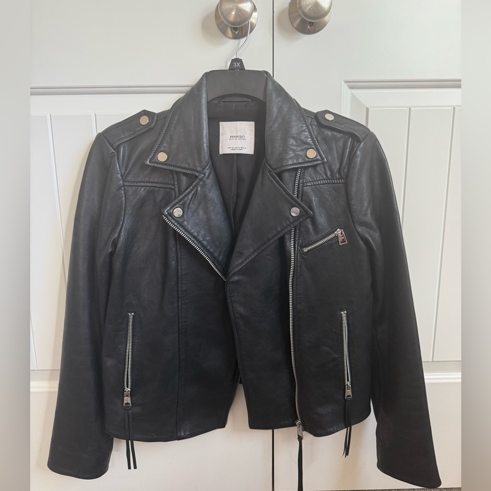 Mango Women's Black Genuine Leather Biker Jacket